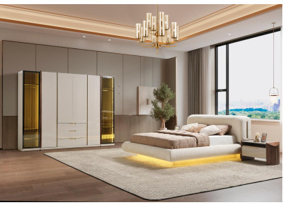 Elegantes Schlafzimmer-Set aus Holz in Beige mit Bett, Kleiderschrank