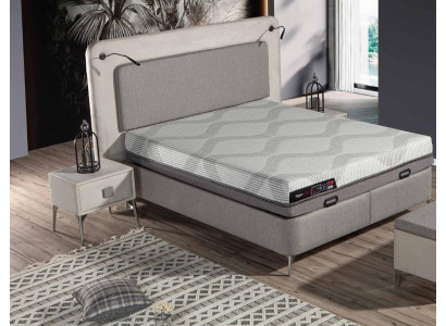 Elegantes graues Bett mit Matratze aus Textil und Edelstahl