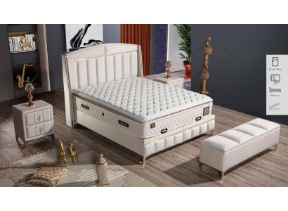 Elegantes weißes Bett mit Matratze aus Textil und Edelstahl