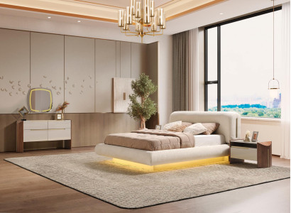 Elegantes Schlafzimmer-Set in Beige aus Holz mit Spiegel