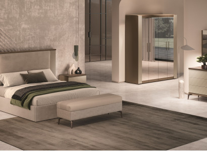 Schlafzimmer-Set 7 tlg ( Bett+Schrank+Bank+2x Nachttisch+Kommode+Spiegel)