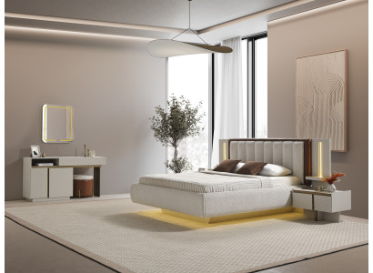 Elegantes Schlafzimmer-Set aus Holz in Beige mit Bett, Schminktisch