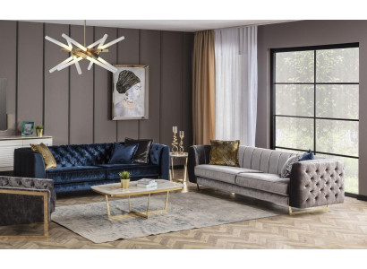 Elegantes 2-tlg. Wohnzimmer Set aus Textil in Blau und Grau