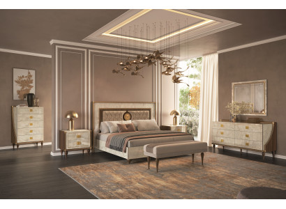 Modernes Schlafzimmer-Set 7 tlg ( Bett+Bank+2x Nachttisch+2x Kommode+Spiegel)