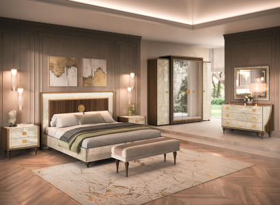 Schlafzimmer-Set 7 tlg ( Bett+Schrank+Bank+2x Nachttisch+Kommode+Spiegel)