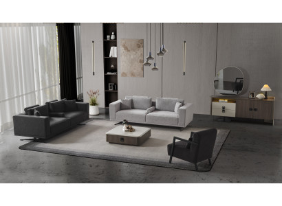 Modernes Wohnzimmer-Set aus grauem Stoff mit Holzrahmen