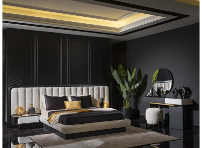 Elegantes schwarzes Holz-Möbelset für Schlafzimmer mit Bett