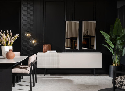 Weißes Holz Esszimmer Set mit Sideboard und Spiegel modern