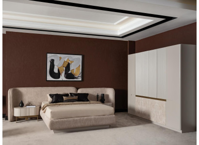 Modern Beigefarbene Holz-Möbelset für Schlafzimmer mit Bett