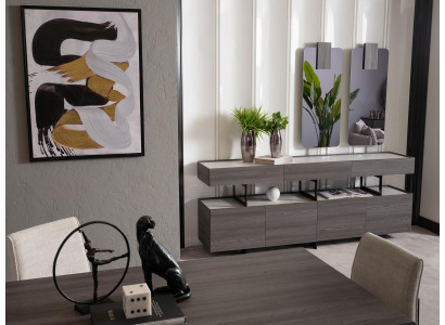 Elegantes graues Esszimmer Set mit Sideboard und Spiegel aus Holz