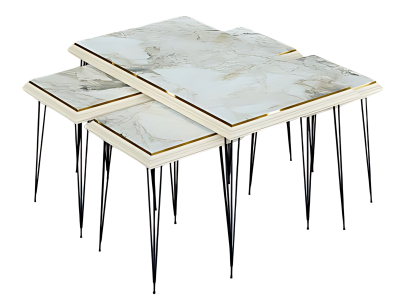 Weißer moderner Couchtisch mit Beistelltischen aus MDF und Edelstahl