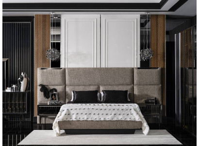 Elegantes schwarzes Holzbett mit zwei Nachttischen im modernen Design