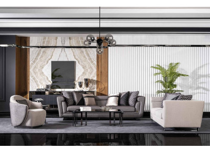 Moderner Wohnzimmer Set aus Textil in Grau mit Holzrahmen