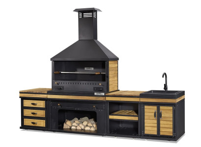 Außenküche in Schwarz und Braun aus Holz und Edelstahl elegant