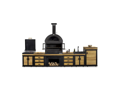 Moderne Außenküche aus Holz und Edelstahl in Schwarz