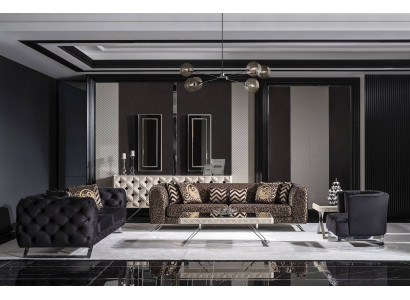 Moderner schwarzer und brauner Holz-Textil-Sofaset mit stilvollem