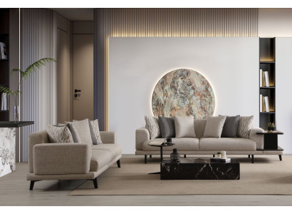 Moderne beige Holz-Textil 3-Sitzer Sofas im Doppelset