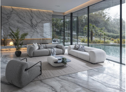 Moderner Wohnzimmer Set aus Textil in Grau mit Holzdetails