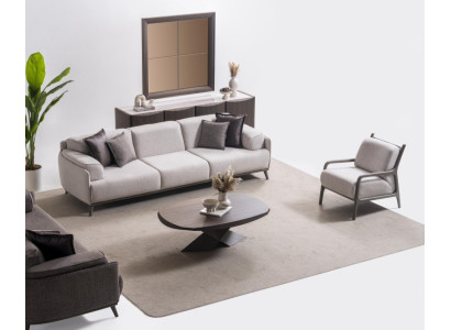 Moderner grauer Holzwohnzimmerset 5-teilig mit Sofa, Couchtisch