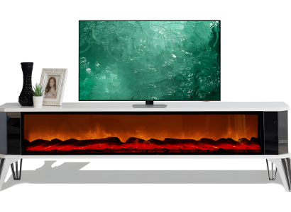 Weißer TV-Schrank mit Elektrokamin und stilvoller LED-Beleuchtung