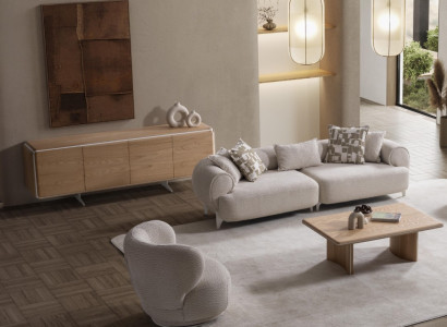 Beige Textil Wohnzimmer Set mit Holzrahmen modern und elegant