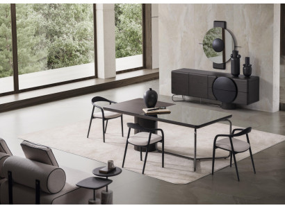 Schwarzes Esszimmer Set aus Holz mit 6 Stühlen, Sideboard und Spiegel