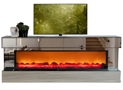 TV-Lowboard aus Spiegelelementen mit Kamineffekt in rechteckiger Form