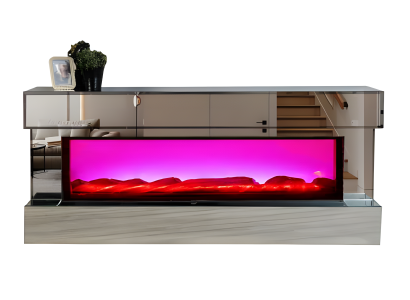 TV-Lowboard in eleganter Hochglanzausführung mit Holzsockel und Kamin