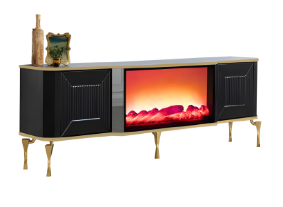 TV-Lowboard mit Kamin mit Farbwechsel, MDF-Fronten und eleganten Metallbeinen