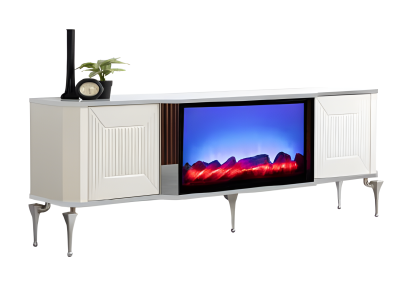 Stylischer TV-Lowboard mit Elektrokamin, Bluetooth-Sound und Fernbedienung