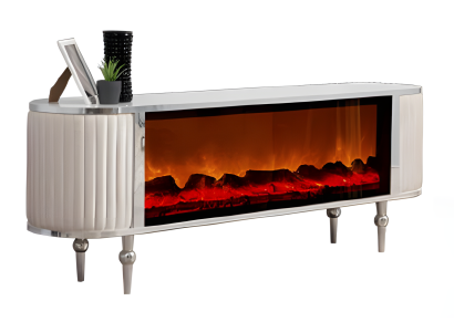 Exklusiver TV-Schrank mit LED, Kamineffekt und edlen Stoffbesätzen