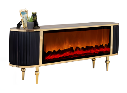 TV-Lowboard mit modernem Kamineffekt, LED und dekorativen Stoffelementen