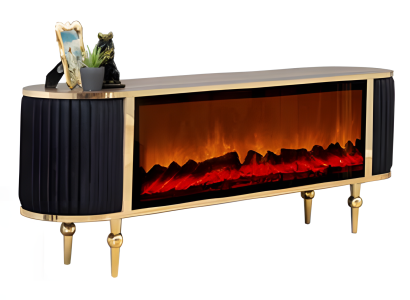 TV-Lowboard mit modernem Kamineffekt, LED und dekorativen Stoffelementen