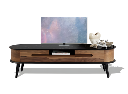 Praktische Medienkonsole mit matter schwarzer Oberfläche in ovaler Form