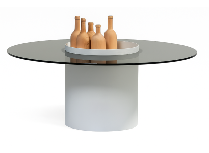 Runder Couchtisch mit zylindrischem Untergestell in Weiß und Glasplatte