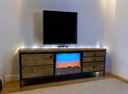 TV-Schrank mit dekorativer LED-Beleuchtung drei Schubladen und schwarzen Details