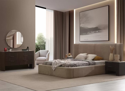 Beige-Braunes Schlafzimmer Set Textilbett Schminktisch Nachttische