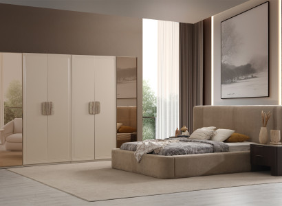 Beiges Schlafzimmer Bett Designer Holz Nachttische Kleiderschrank