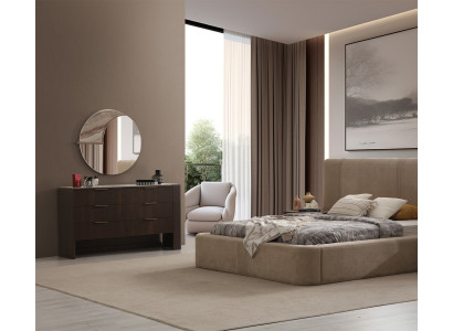 Schlafzimmer-Set Beiges Polsterbett Brauner Schminktisch Spiegel