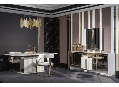 Modern Einrichtung Set Möbel Esstisch 4х Stühle Design Sideboard mit Spiegel