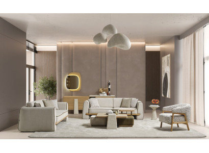 Wohnzimmer Weiß-Beige Polstergarnitur 2x Sofas Textilsessel Tische