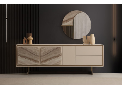 Modernes Beiges Sideboard Designer Rundspiegel Edle Holzmöbel 2tlg
