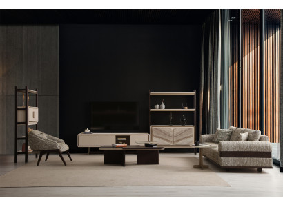 Komplettes Wohnzimmer-Set Polstersofa Textilsessel Holz TV-Board