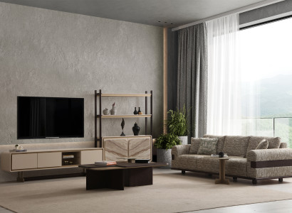 Beige Wohnzimmer Sitzgarnitur TV-Ständer Couchtisch Polstersofa