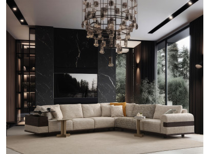 Stilvolles Ecksofa Designer Holz Beistelltische Textilcouch Möbel