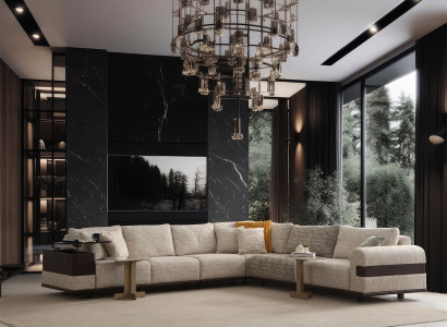 Stilvolles Ecksofa Designer Holz Beistelltische Textilcouch Möbel