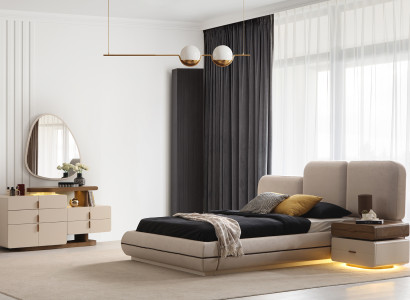 Beige Schlafzimmer Designer Garnitur Polsterbett Nachttische Spiegel