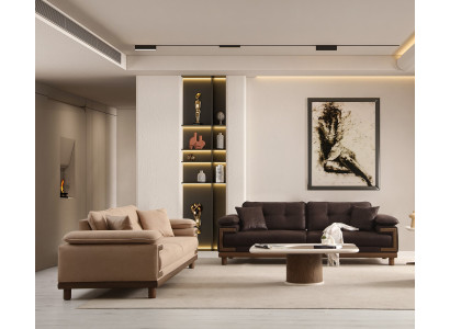 Beige Elegante Wohnzimmer Garnitur 2x Dreisitzer Couchen Couchtisch