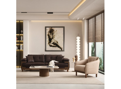 Braune Wohnzimmer Garnitur Polster 3-Sitzer Sessel Beistelltisch