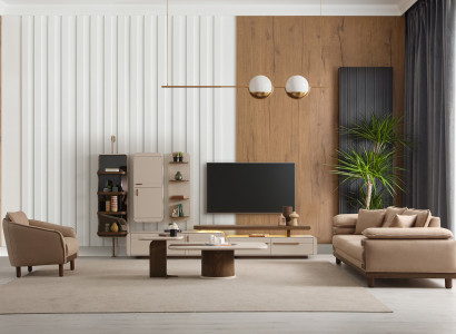 Große Wohnzimmergarnitur Beiger 3-Sitzer TV-Board Schränke Sessel